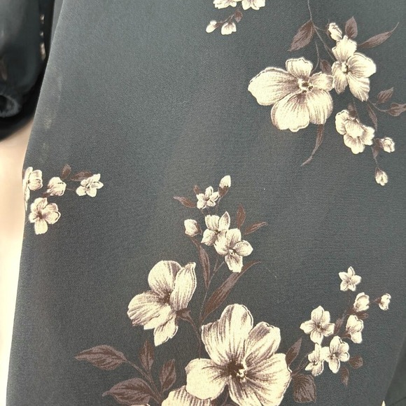Papermoon Floral Blouse Large Dark Teal Scoop Neck 3/4 Sleeve Tie Cuff Top - Picture 6 of 14